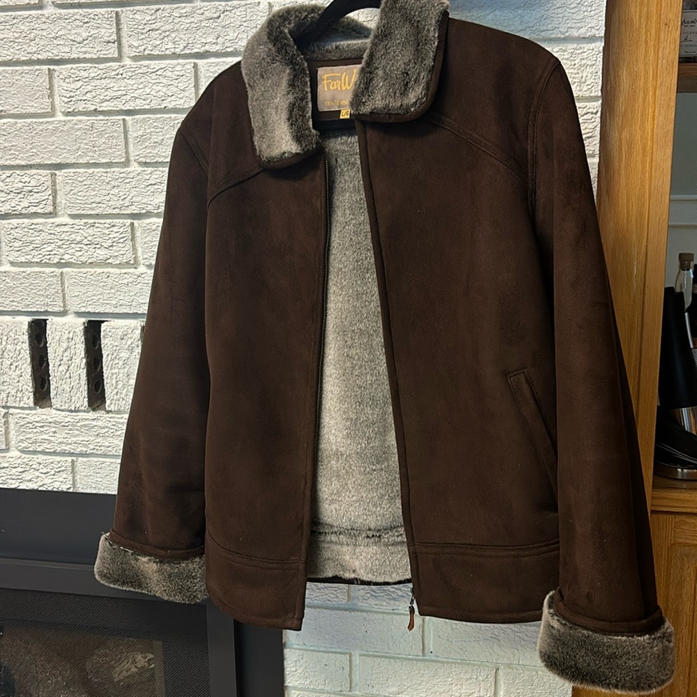 Far West Chocolate brown faux suede and fur winter jacket, size large.